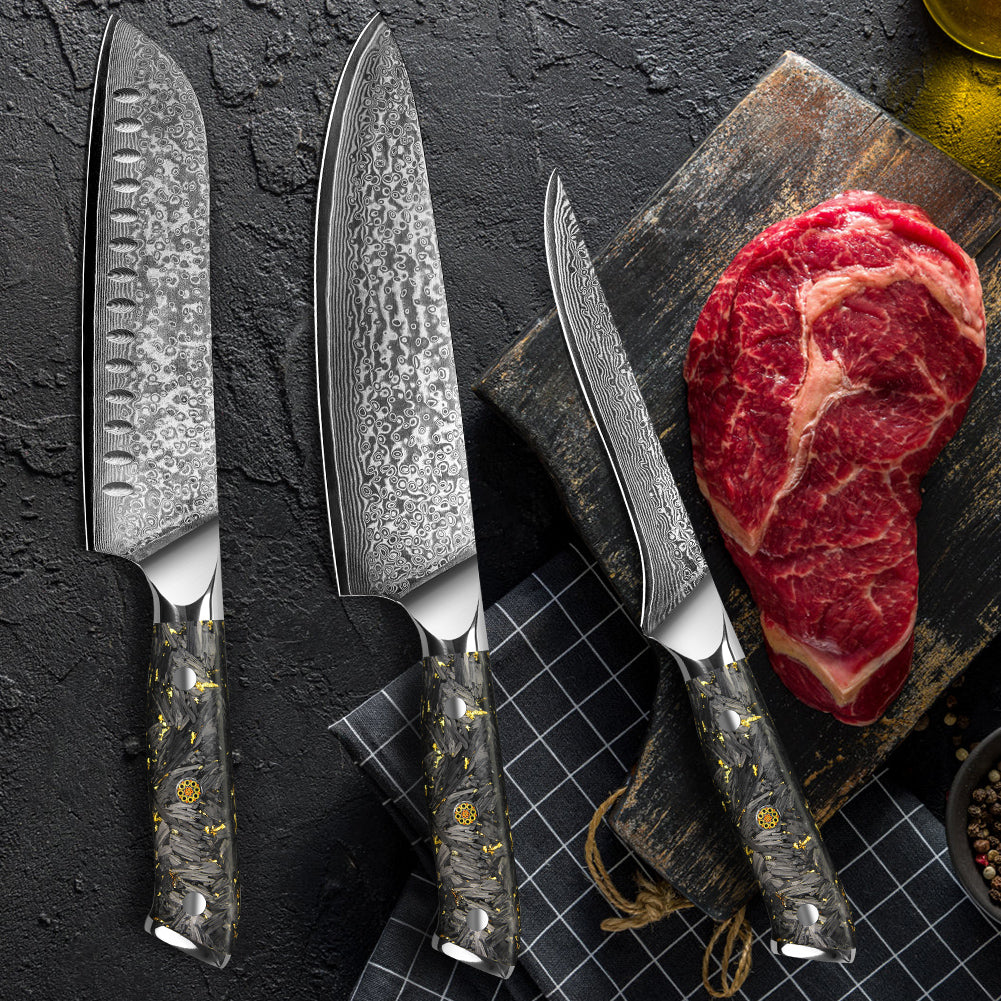 Black carbon gold series-chef’s knife + Santoku knife + boning knife