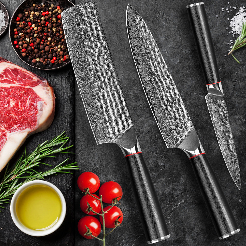 Hand-forged Damascus steel hammered kitchen knife with black wavy handle - chef's knife + Japanese-style vegetable cutter + multi-purpose knife