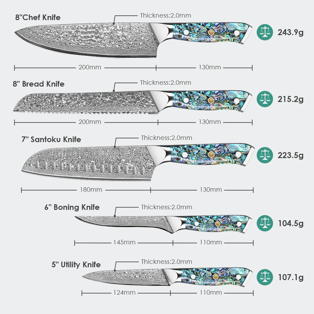 Abalone Shell Series - Chef's Knife + Bakery + Santoku Knife + Multipurpose Knife + Deboning Knife
