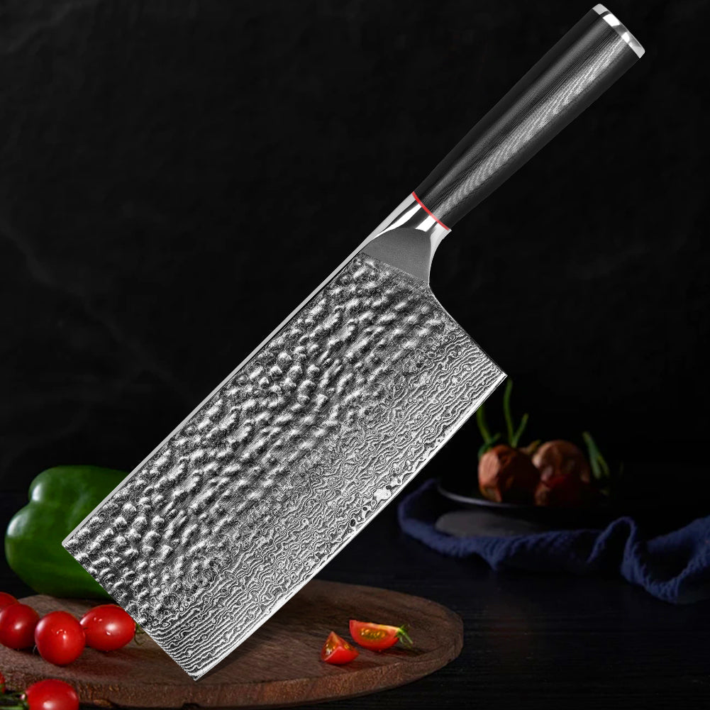 Hand-forged Damascus steel hammered kitchen knife with black wavy handle - Chinese slicing knife