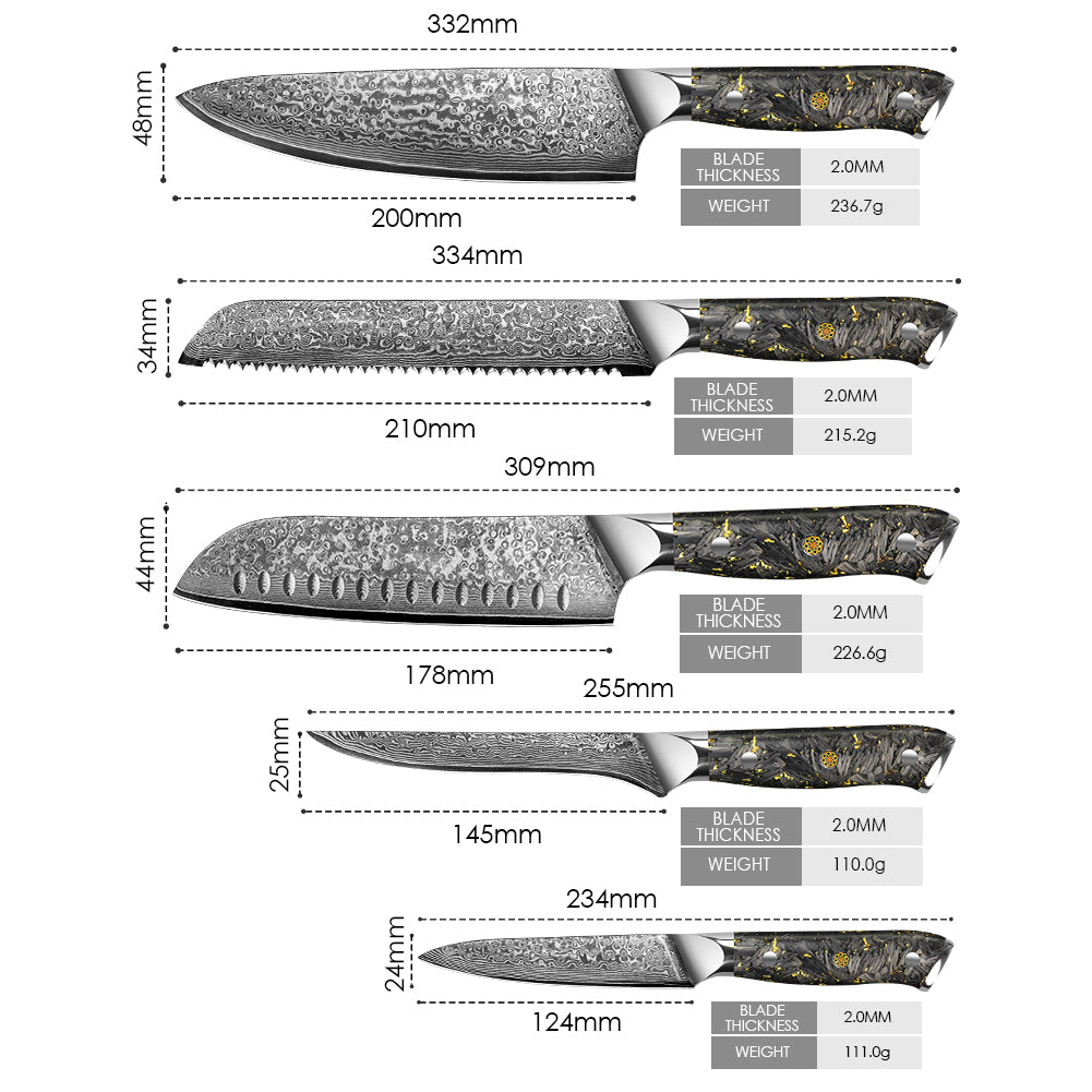 Black carbon gold series-chef’s knife+bread knife+santoku knife+universal knife+boning knife