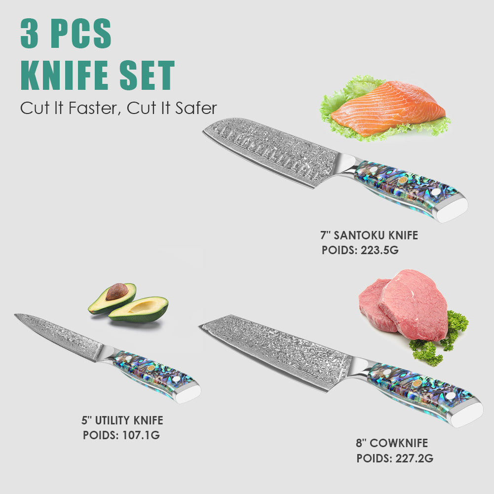 Abalone Shell Series-Ox Knife + Santoku Knife + Multipurpose Knife
