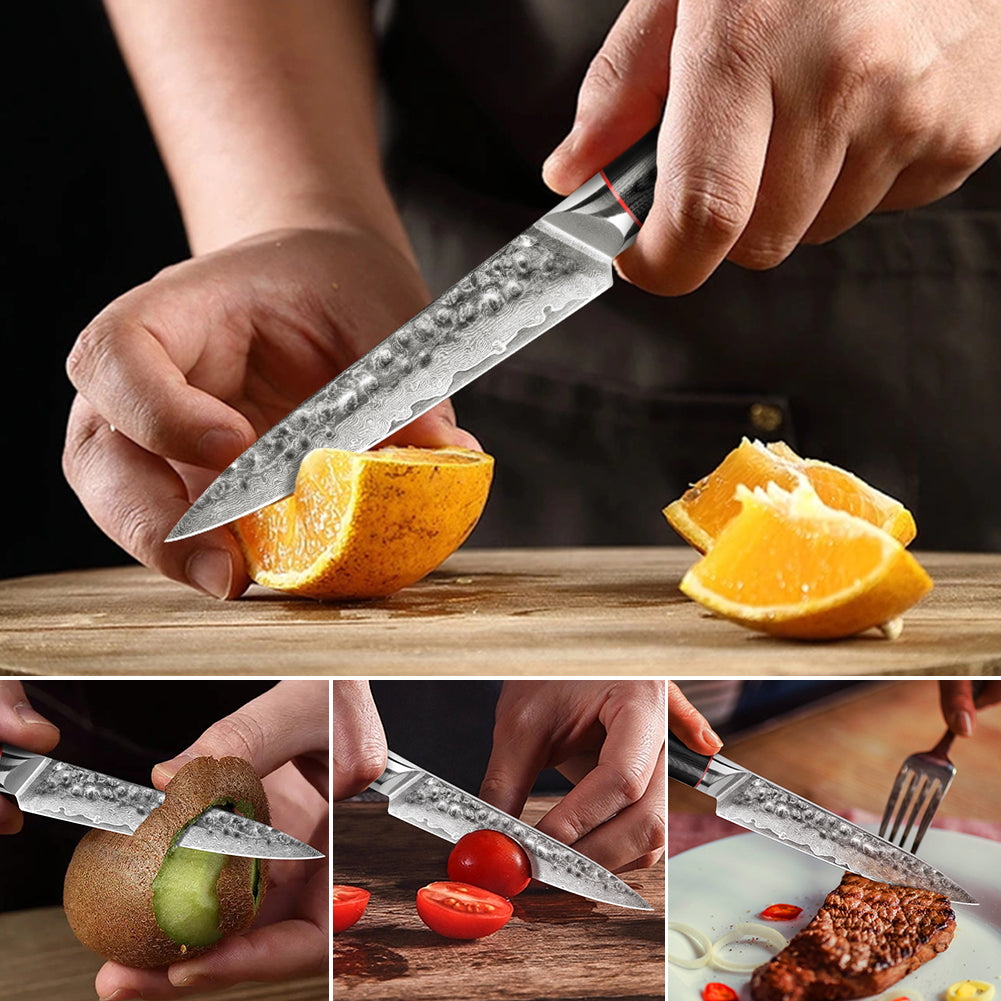 Hand-forged Damascus steel hammered kitchen knife with black wavy handle - multi-purpose knife