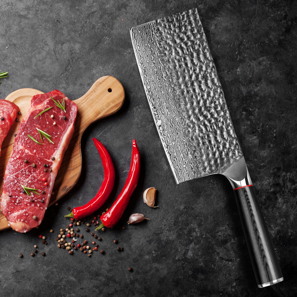 Hand-forged Damascus steel hammered kitchen knife with black wavy handle - Chinese slicing knife