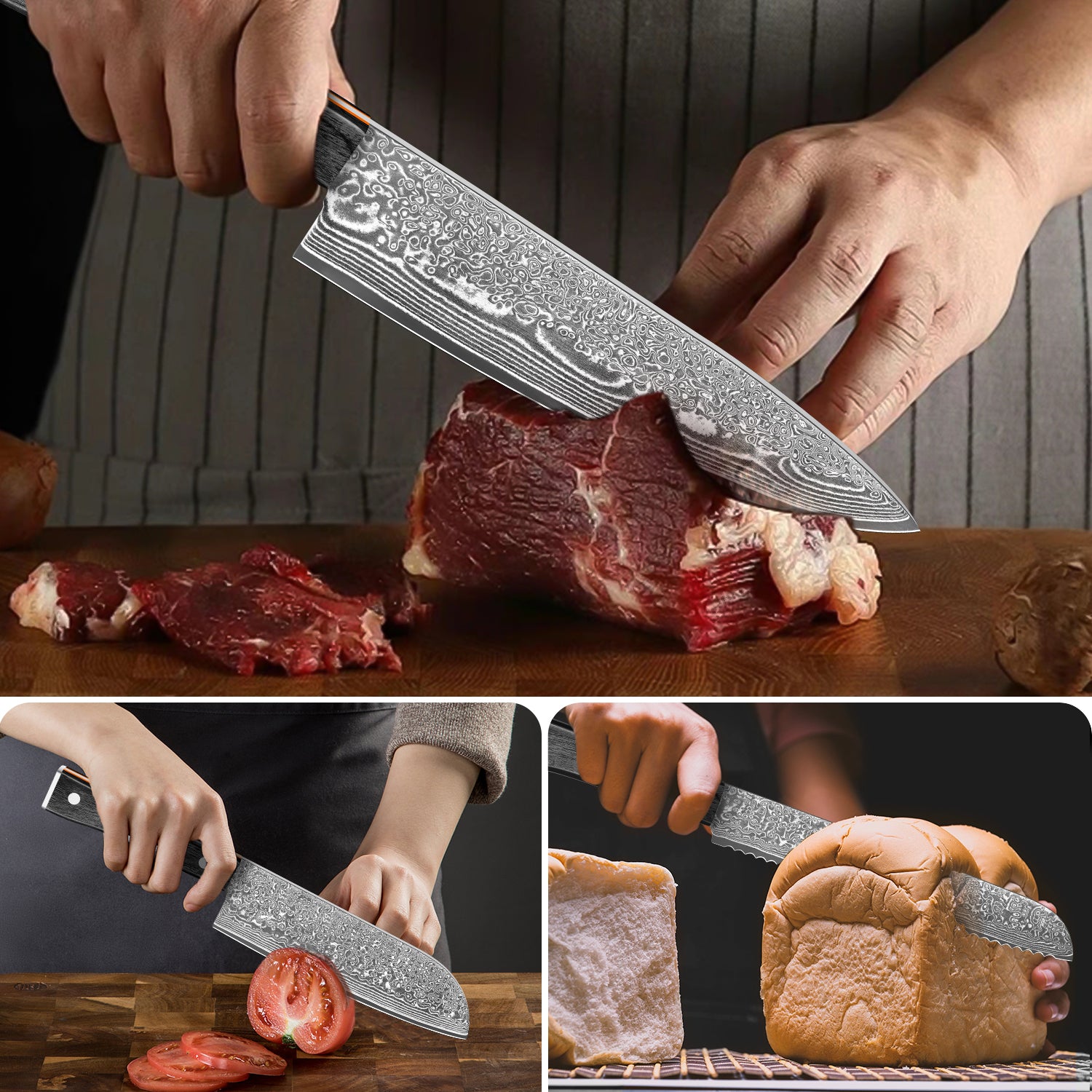 Black colored wood series-chef’s knife + Santoku knife + bread knife