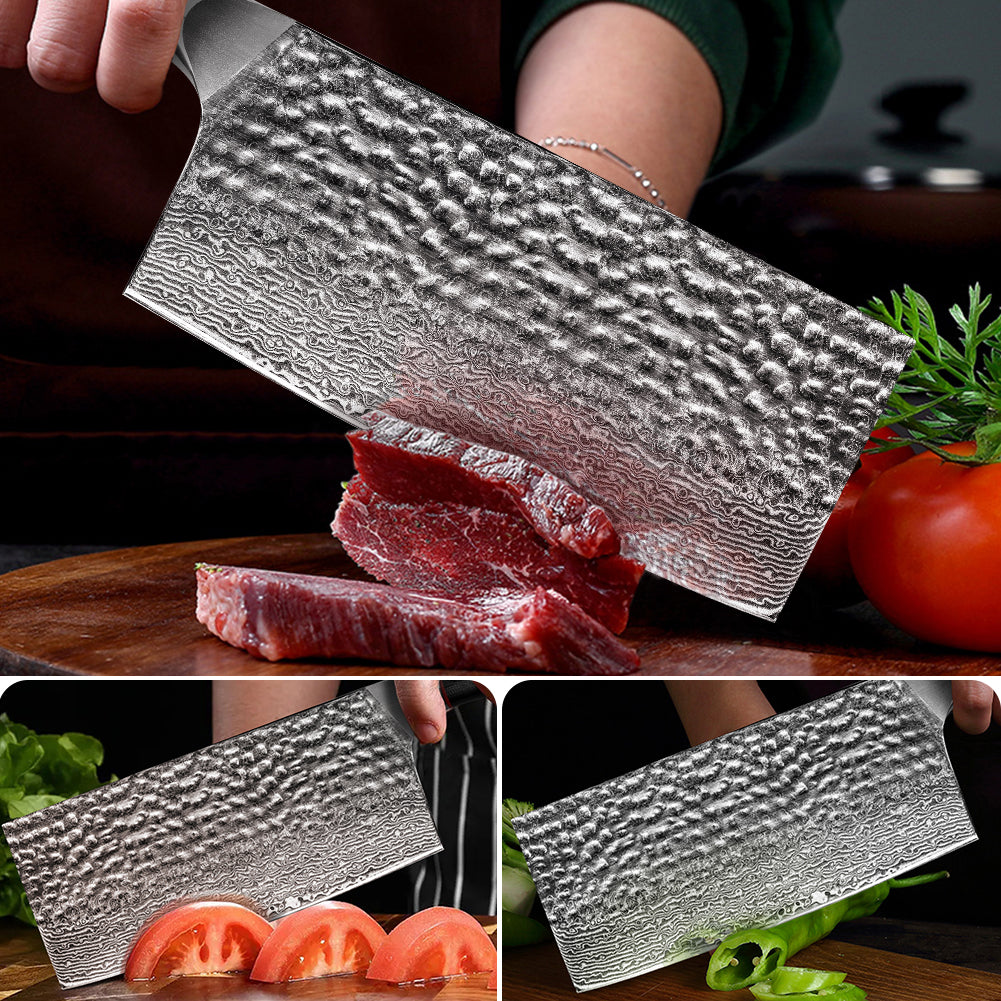 Hand-forged Damascus steel hammered kitchen knife with black wavy handle - Chinese slicing knife