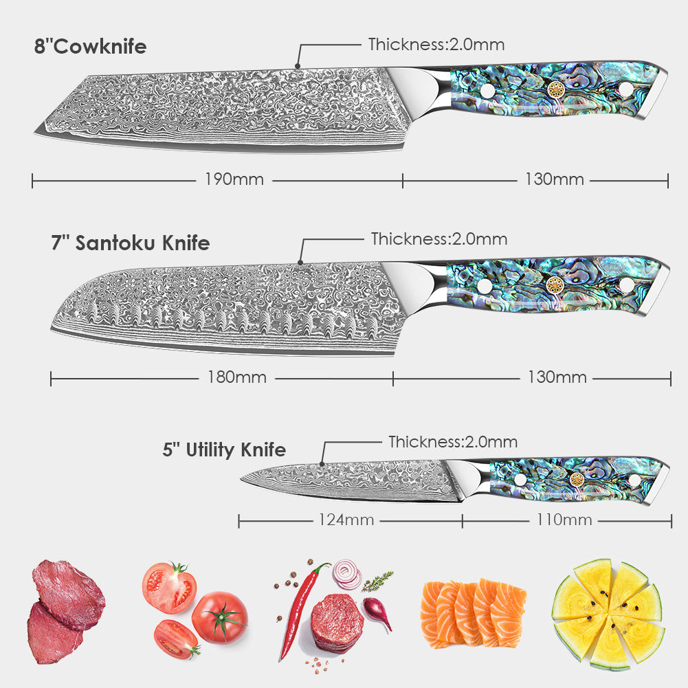 Abalone Shell Series-Ox Knife + Santoku Knife + Multipurpose Knife