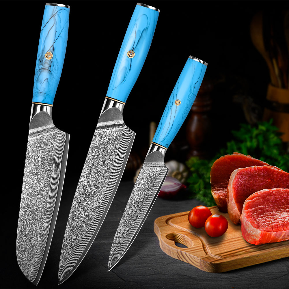 Blue Turquoise Series-Chef Knife + Santoku Knife + Multipurpose Knife