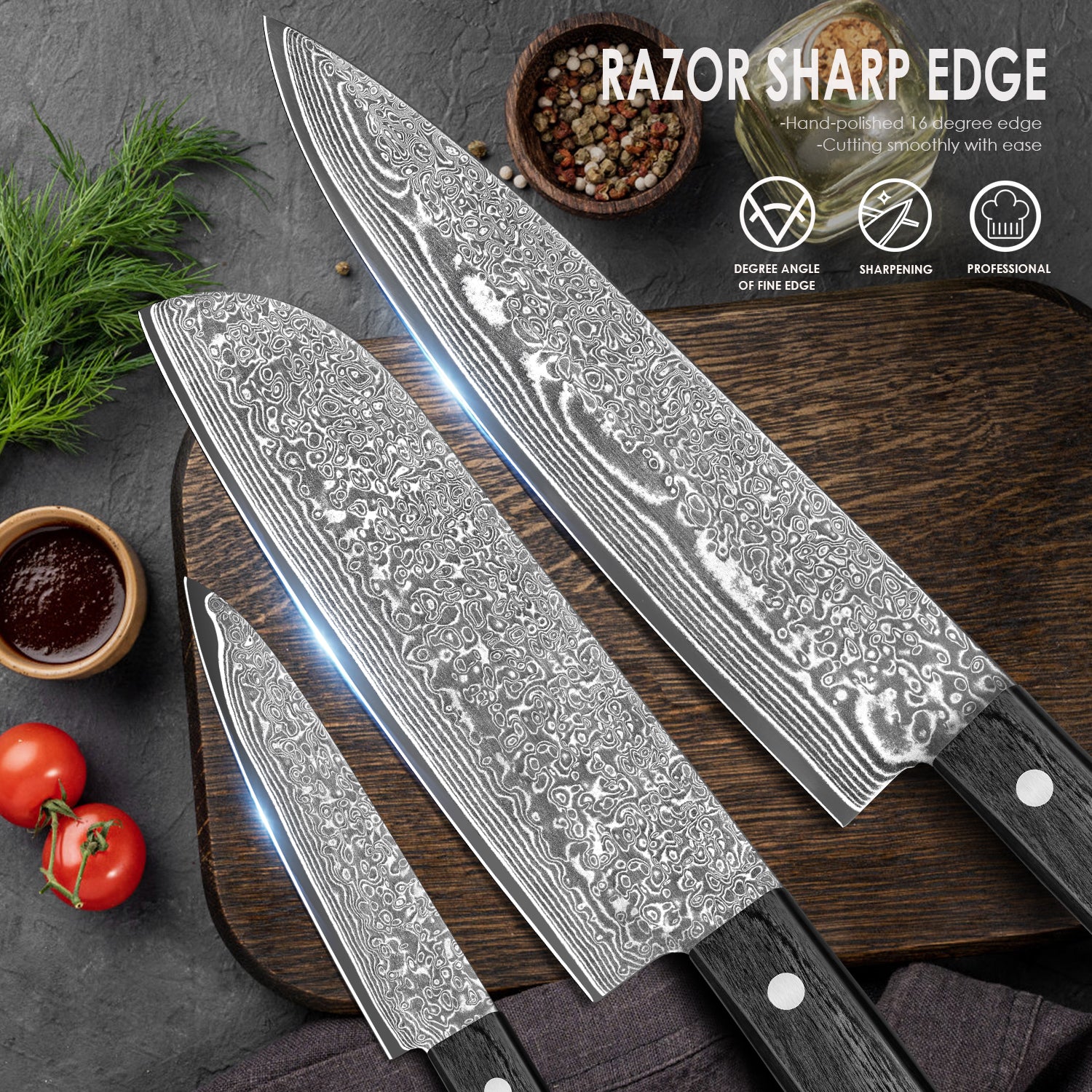 Black colored wood series-chef’s knife + Santoku knife + multi-purpose knife