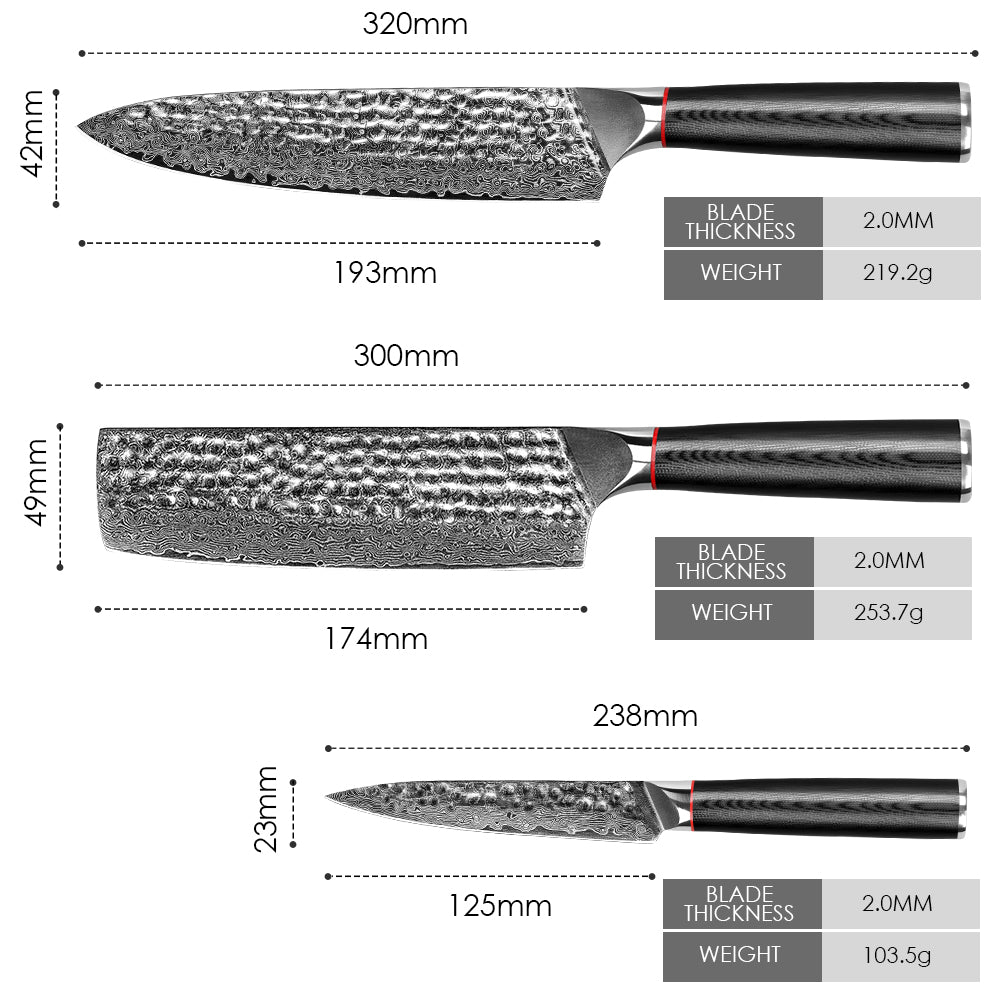 Hand-forged Damascus steel hammered kitchen knife with black wavy handle - chef's knife + Japanese-style vegetable cutter + multi-purpose knife