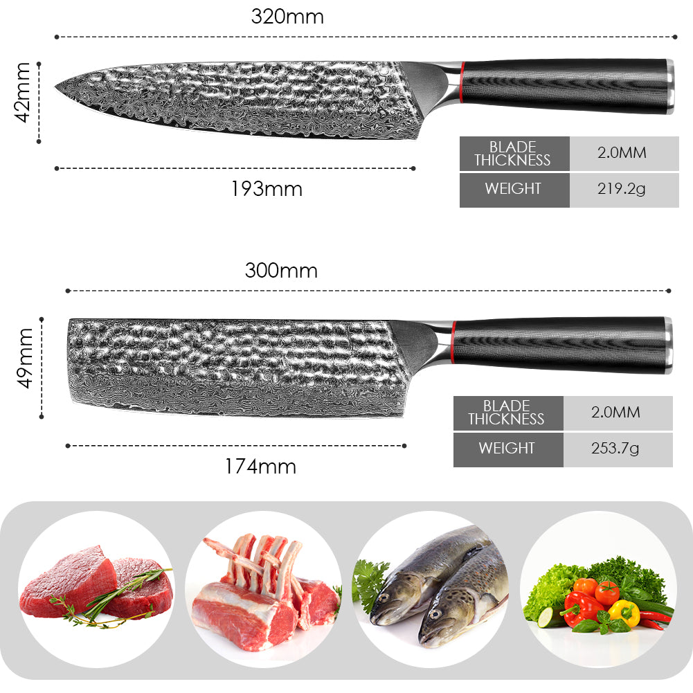 Hand-forged Damascus steel hammered kitchen knife with black wavy handle - chef's knife + Japanese-style vegetable cutter