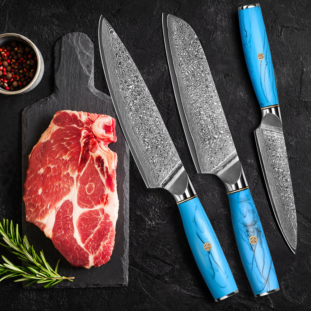 Blue Turquoise Series-Chef Knife + Santoku Knife + Multipurpose Knife