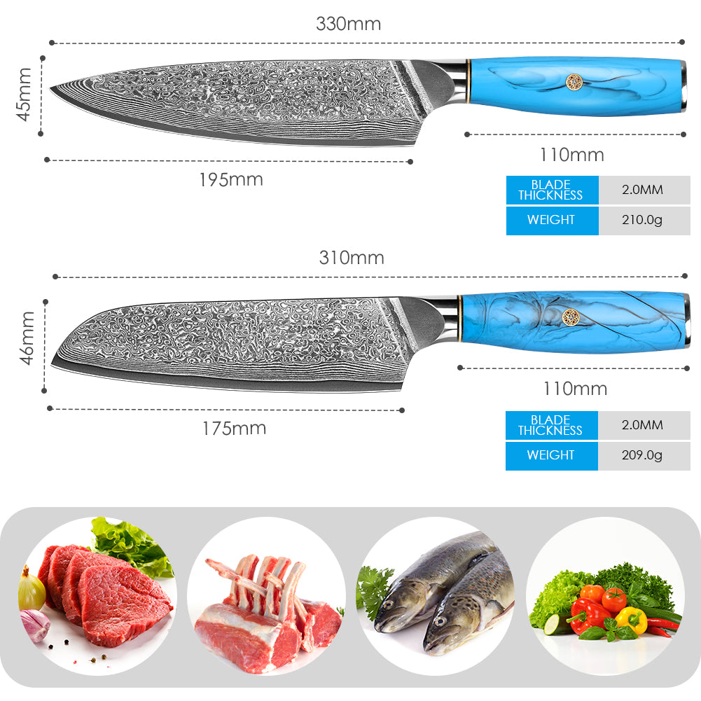 Blue Turquoise Series-Chef Knife + Santoku Knife