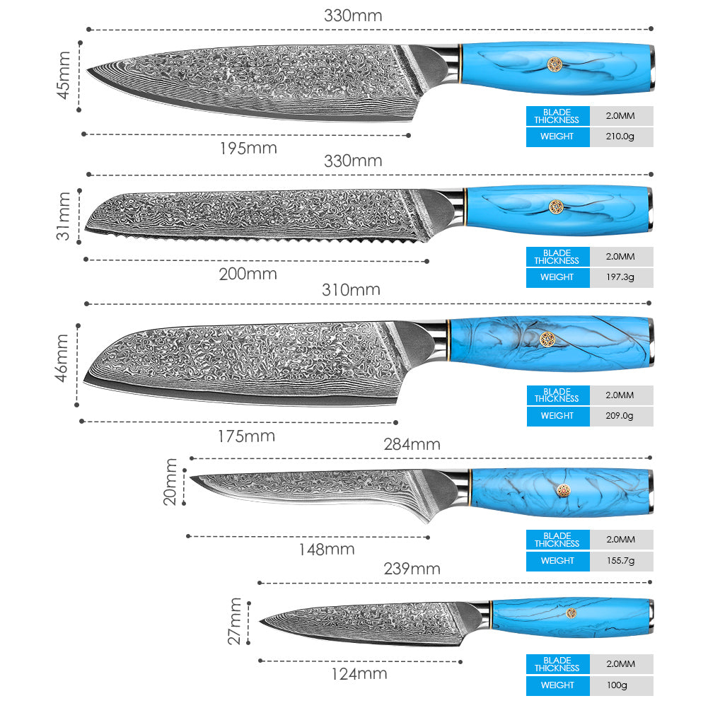 Blue Turquoise Series-Chef Knife + Santoku Knife + Bread Knife + Multipurpose Knife + Deboning Knife