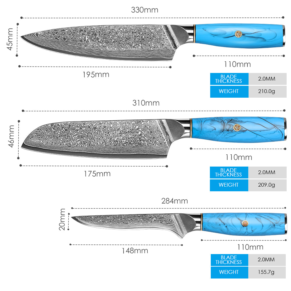 Blue Turquoise Series-Chef’s Knife + Santoku Knife + Boning Knife