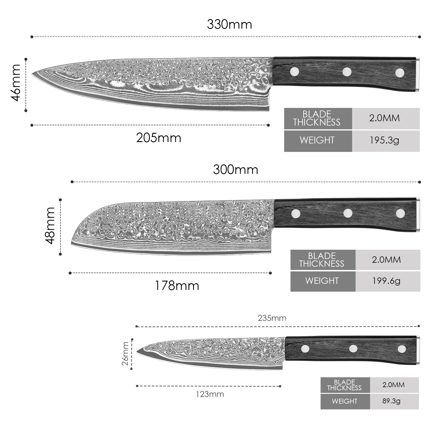 Black colored wood series-chef’s knife + Santoku knife + multi-purpose knife