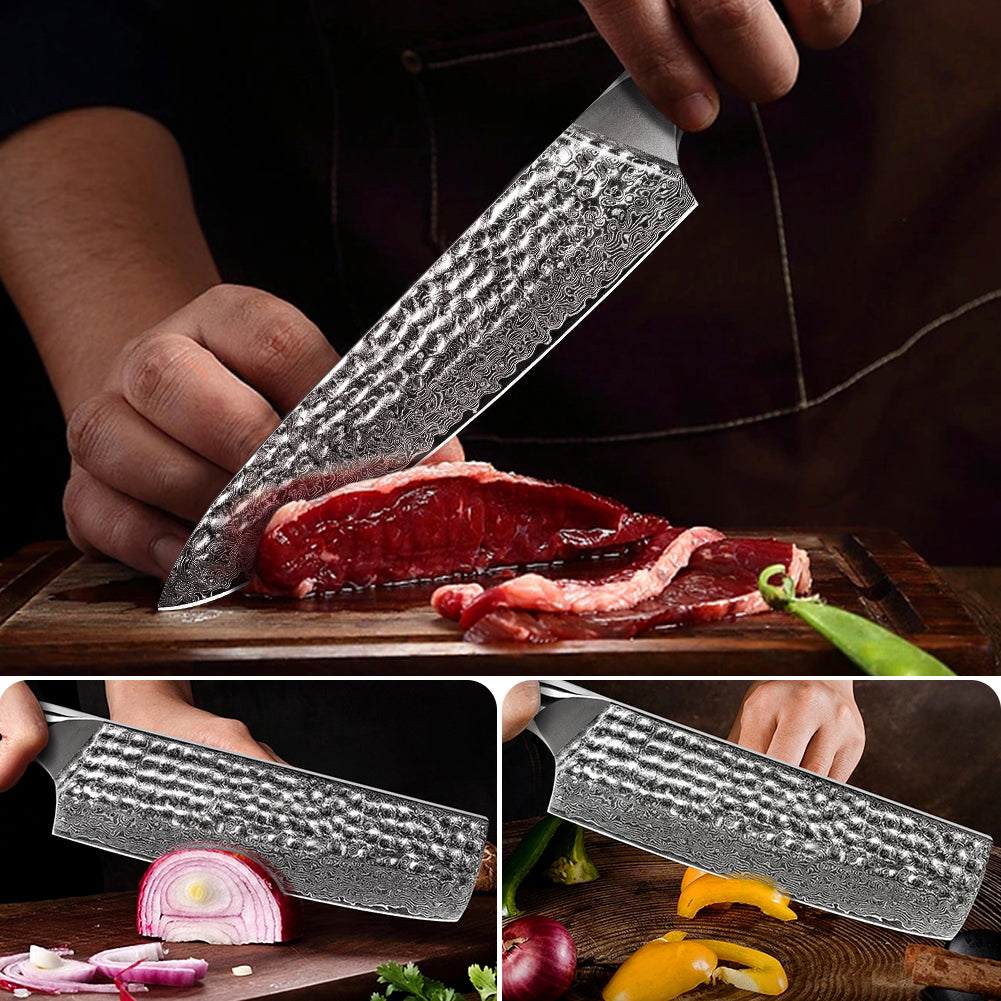 Hand-forged Damascus steel hammered kitchen knife with black wavy handle - chef's knife + Japanese-style vegetable cutter