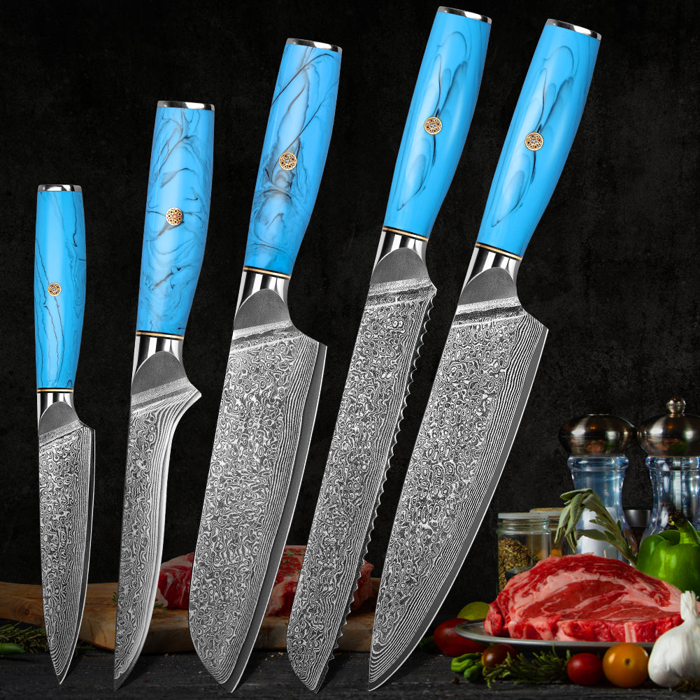 Blue Turquoise Series-Chef Knife + Santoku Knife + Bread Knife + Multipurpose Knife + Deboning Knife