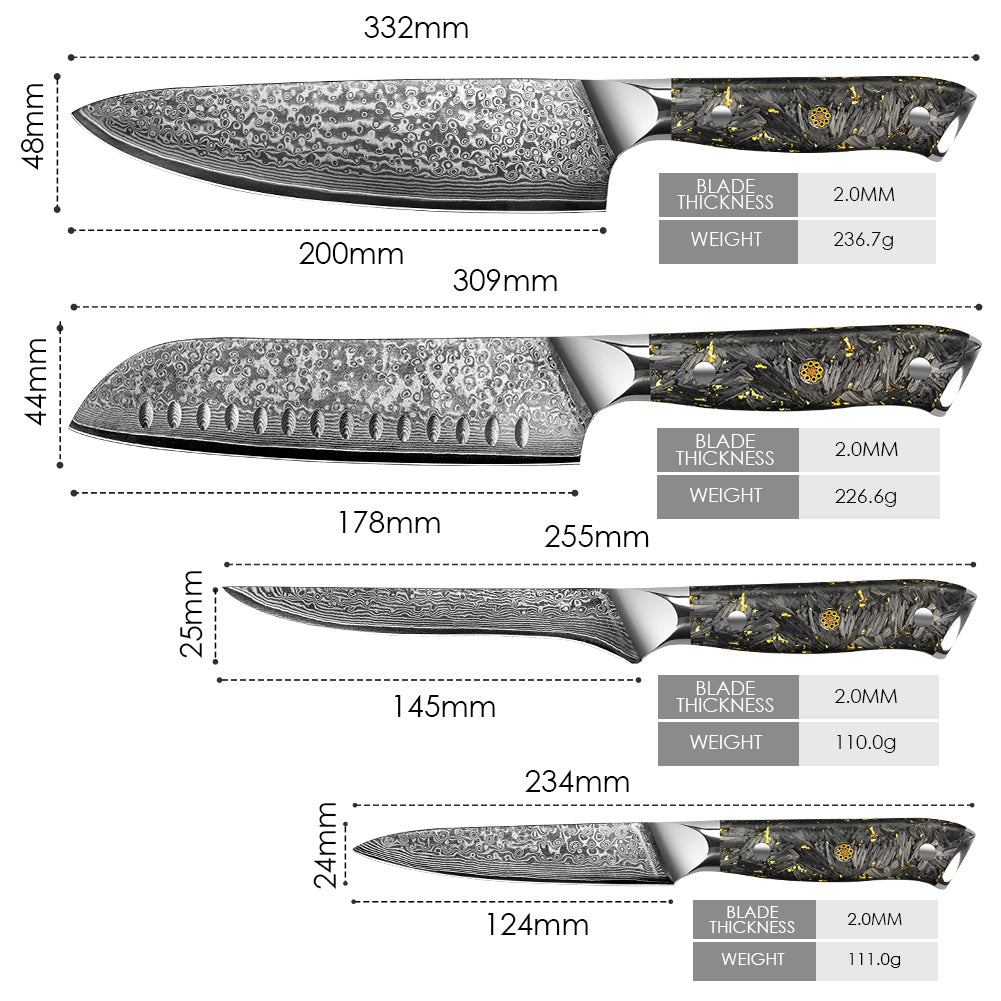 Black carbon gold series-chef’s knife+Santoku knife+universal knife+boning knife