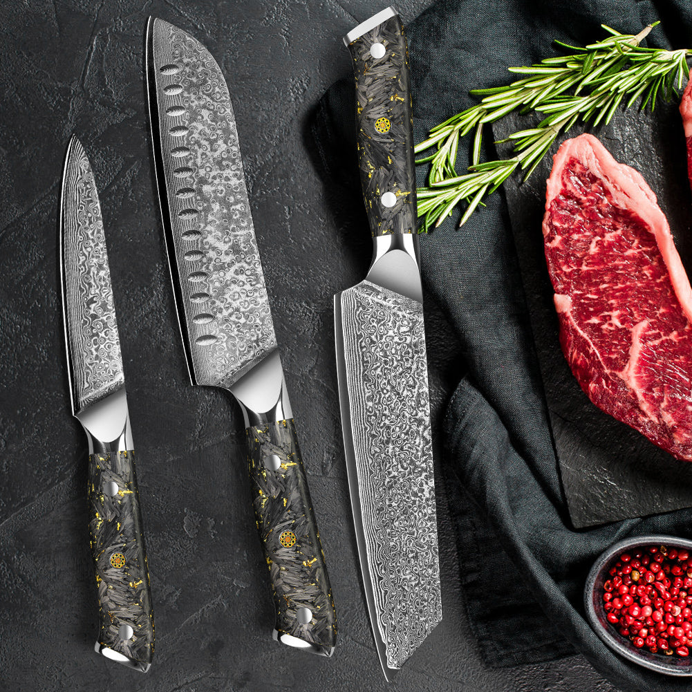 Black Carbon Gold Series-Ox Knife+Santoku Knife+Multipurpose Knife