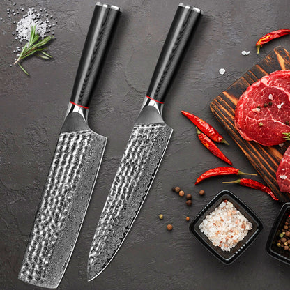 Hand-forged Damascus steel hammered kitchen knife with black wavy handle - chef's knife + Japanese-style vegetable cutter