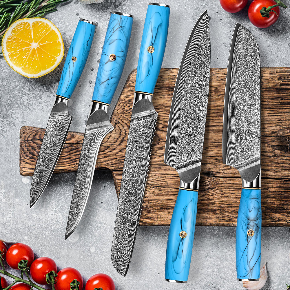 Blue Turquoise Series-Chef Knife + Santoku Knife + Bread Knife + Multipurpose Knife + Deboning Knife
