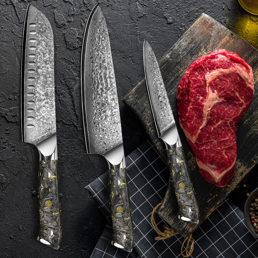 Black Carbon Gold Series-Chef Knife + Santoku Knife + Multipurpose Knife