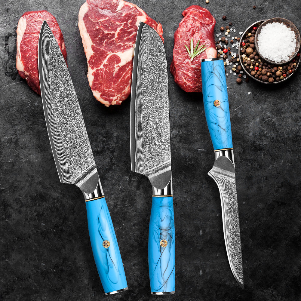 Blue Turquoise Series-Chef’s Knife + Santoku Knife + Boning Knife