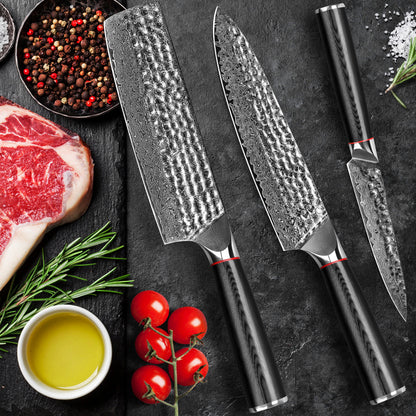 Hand-forged Damascus steel hammered kitchen knife with black wavy handle - chef's knife + Japanese-style vegetable cutter + multi-purpose knife