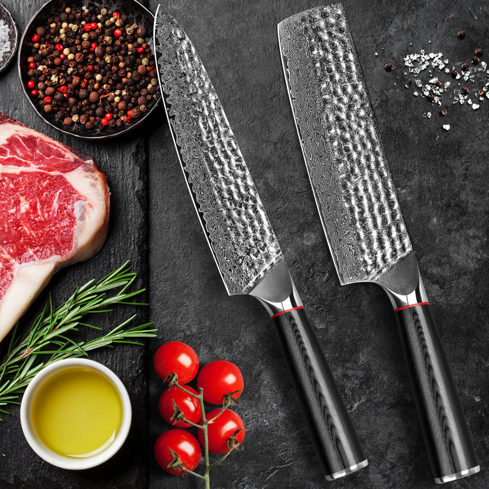 Hand-forged Damascus steel hammered kitchen knife with black wavy handle - chef's knife + Japanese-style vegetable cutter