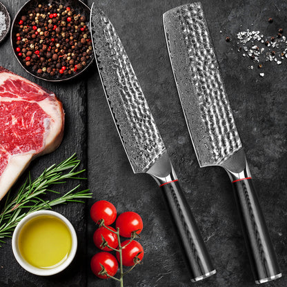 Hand-forged Damascus steel hammered kitchen knife with black wavy handle - chef's knife + Japanese-style vegetable cutter