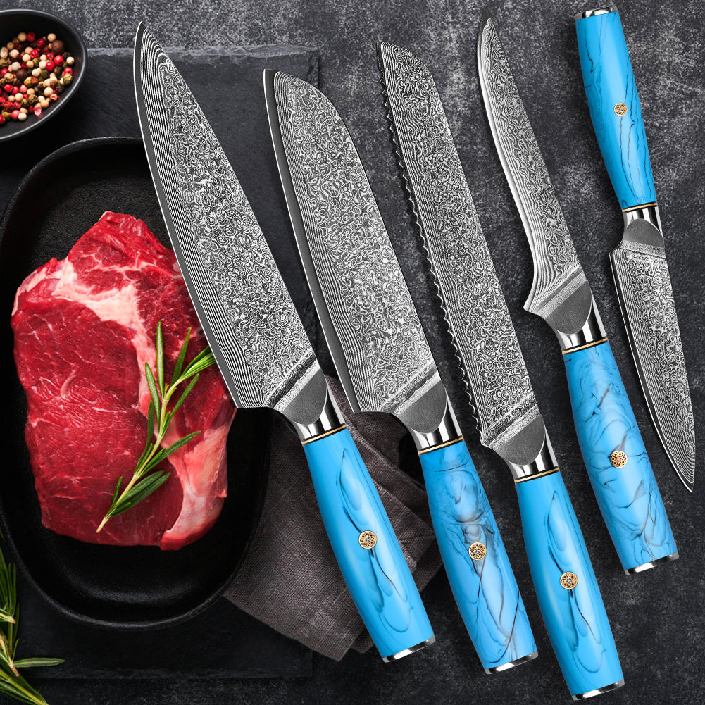 Blue Turquoise Series-Chef Knife + Santoku Knife + Bread Knife + Multipurpose Knife + Deboning Knife