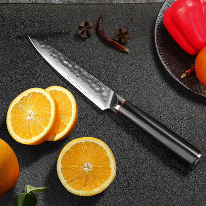 Hand-forged Damascus steel hammered kitchen knife with black wavy handle - multi-purpose knife