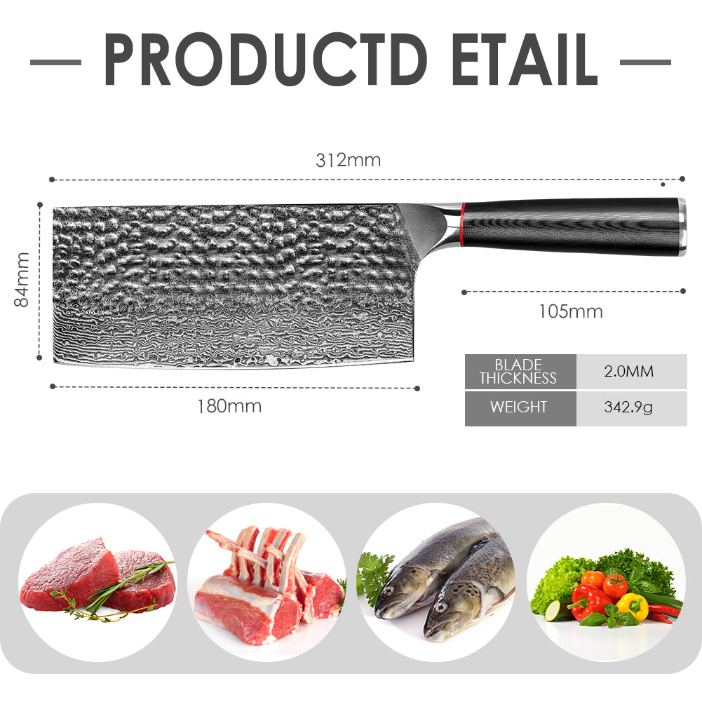 Hand-forged Damascus steel hammered kitchen knife with black wavy handle - Chinese slicing knife