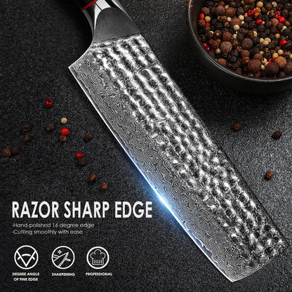 Hand-forged Damascus steel hammered kitchen knife with black wavy handle - Japanese style vegetable cutter