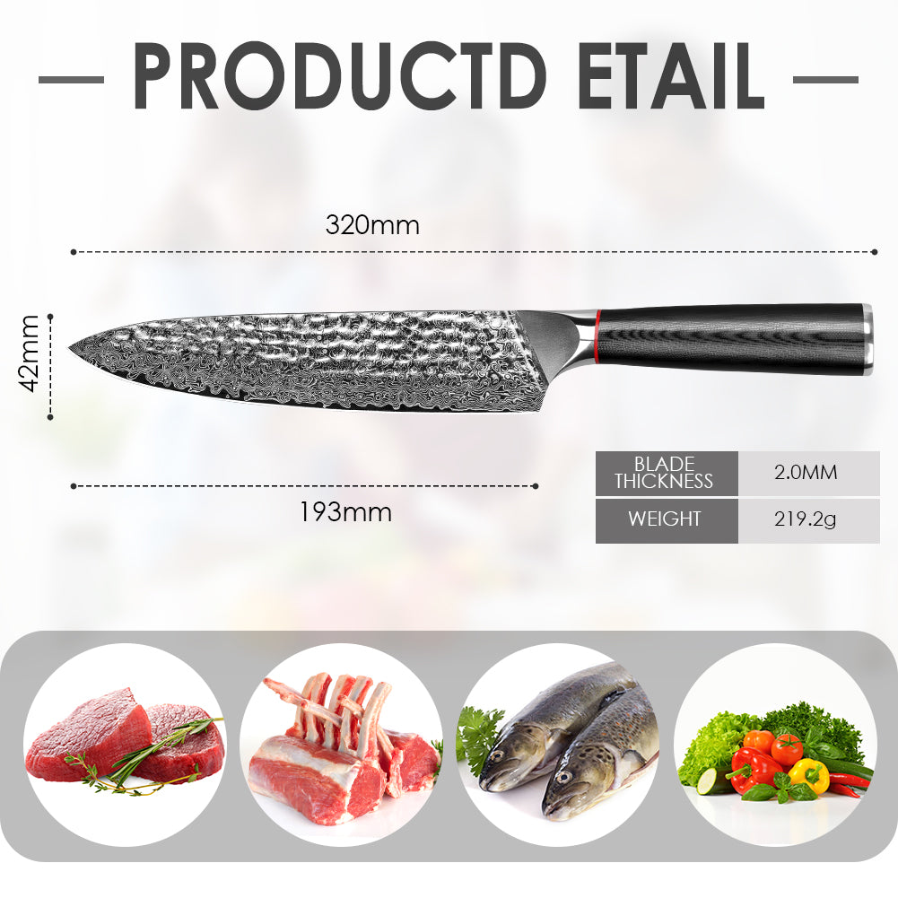 Hand-forged black wavy handle Damascus steel hammered kitchen knife - Chef's knife