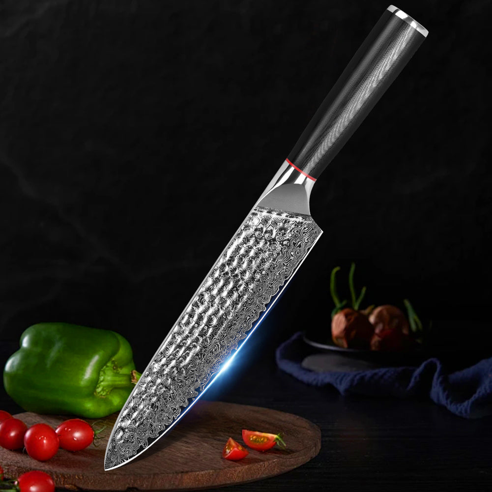 Hand-forged black wavy handle Damascus steel hammered kitchen knife - Chef's knife