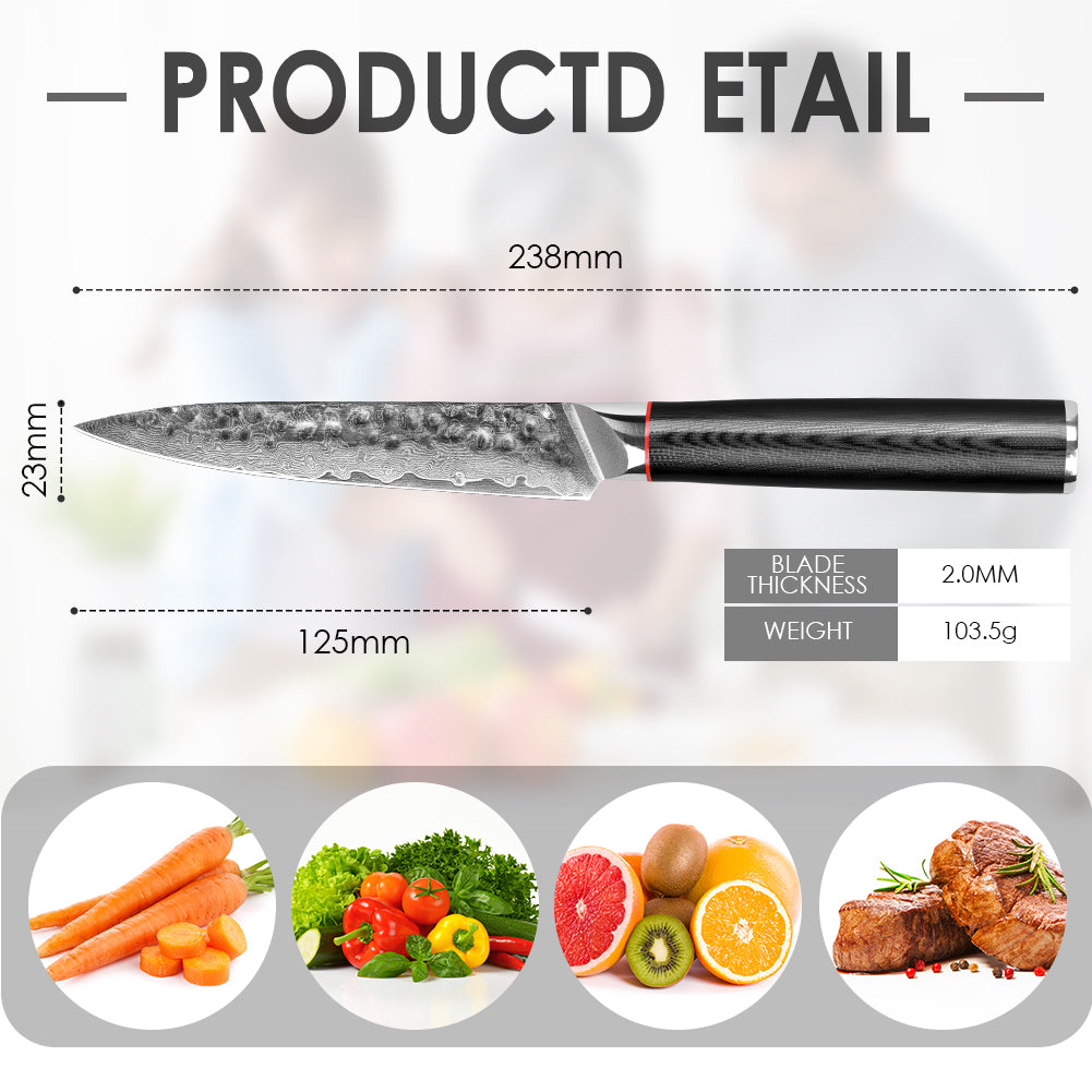 Hand-forged Damascus steel hammered kitchen knife with black wavy handle - multi-purpose knife