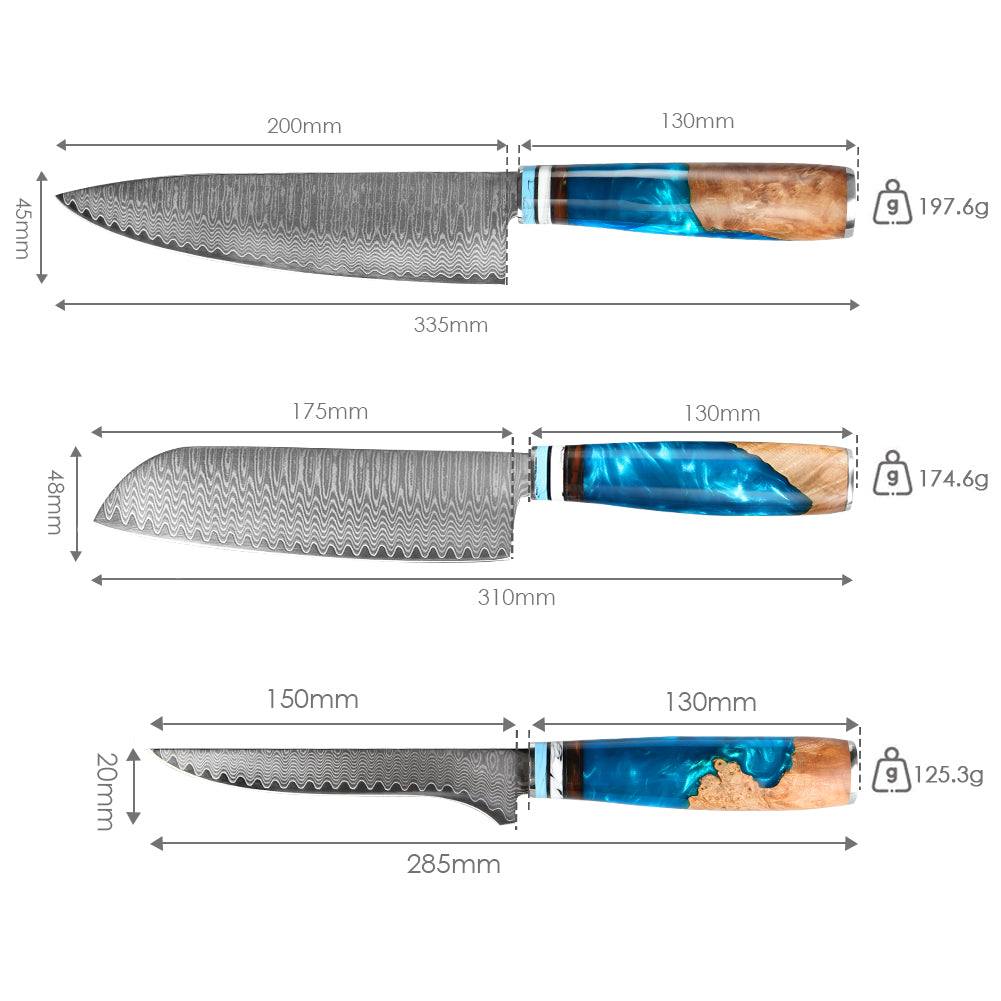 "Tsunami" Series-Chef's Knife + Santoku Knife + Boning Knife