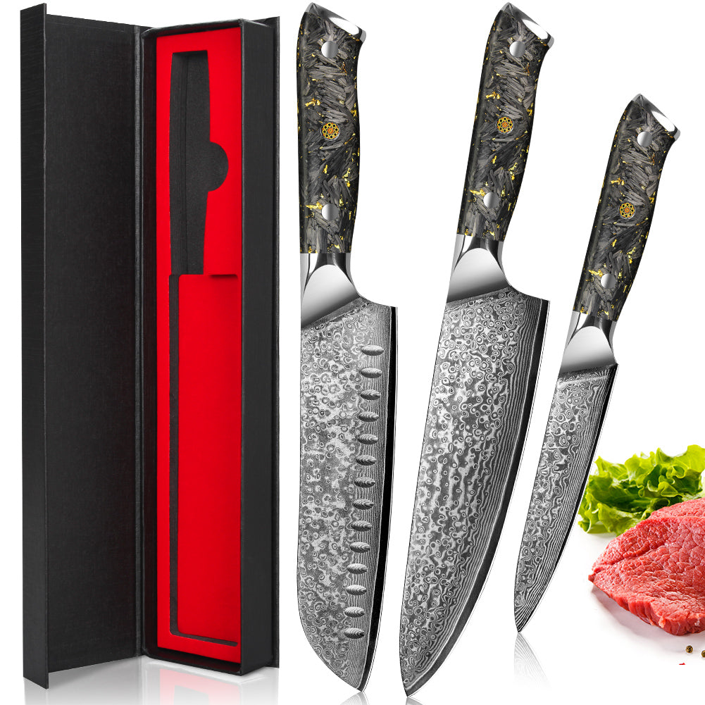 Black Carbon Gold Series-Chef Knife + Santoku Knife + Multipurpose Knife