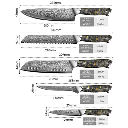 Black carbon gold series-chef’s knife+bread knife+santoku knife+universal knife+boning knife