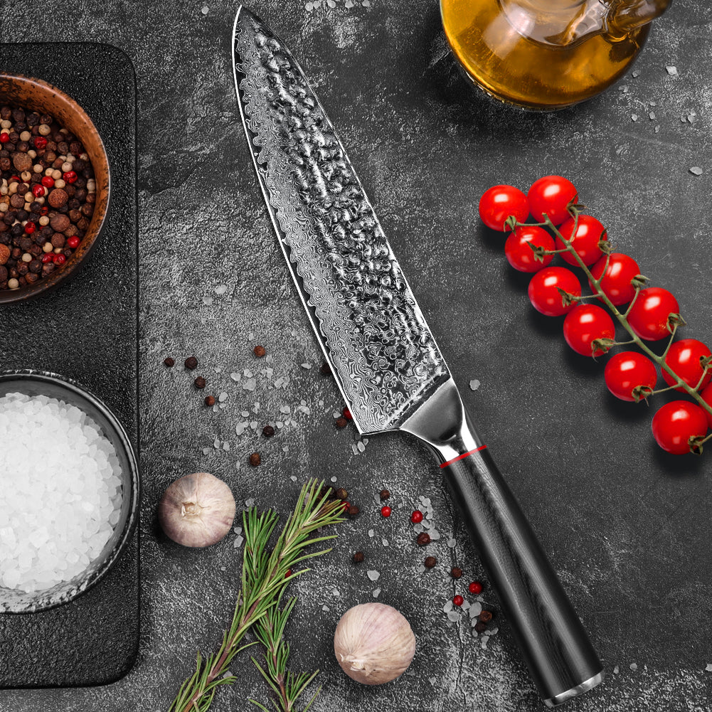 Hand-forged black wavy handle Damascus steel hammered kitchen knife - Chef's knife