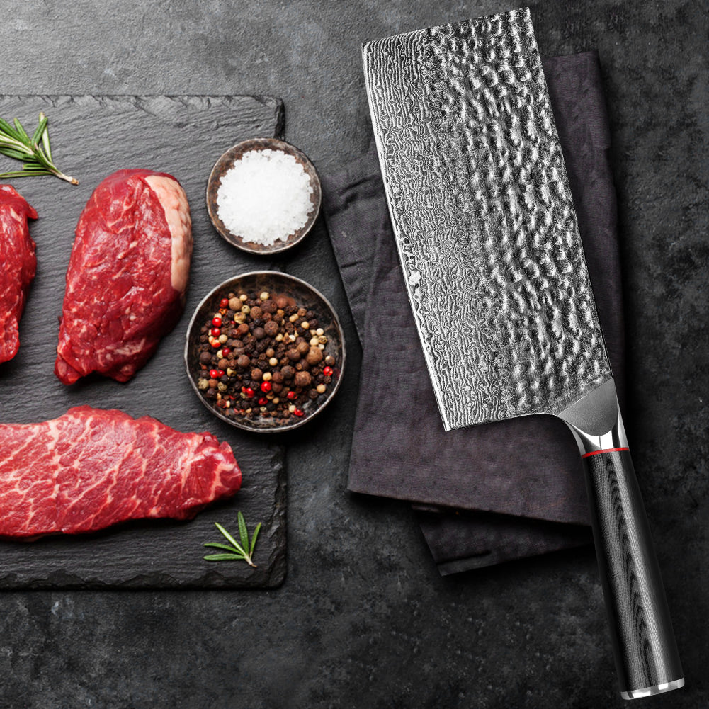 Hand-forged Damascus steel hammered kitchen knife with black wavy handle - Chinese slicing knife