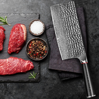 Hand-forged Damascus steel hammered kitchen knife with black wavy handle - Chinese slicing knife