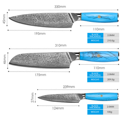 Blue Turquoise Series-Chef Knife + Santoku Knife + Multipurpose Knife
