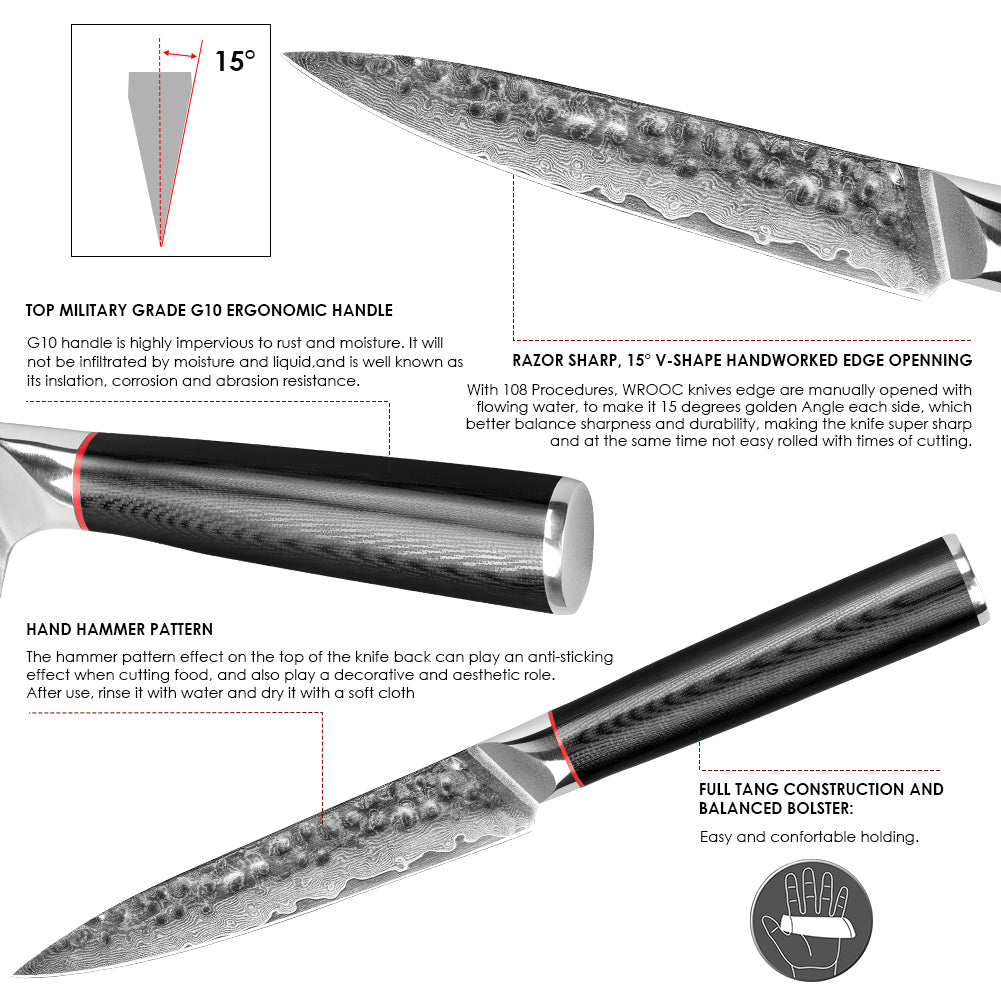 Hand-forged Damascus steel hammered kitchen knife with black wavy handle - multi-purpose knife