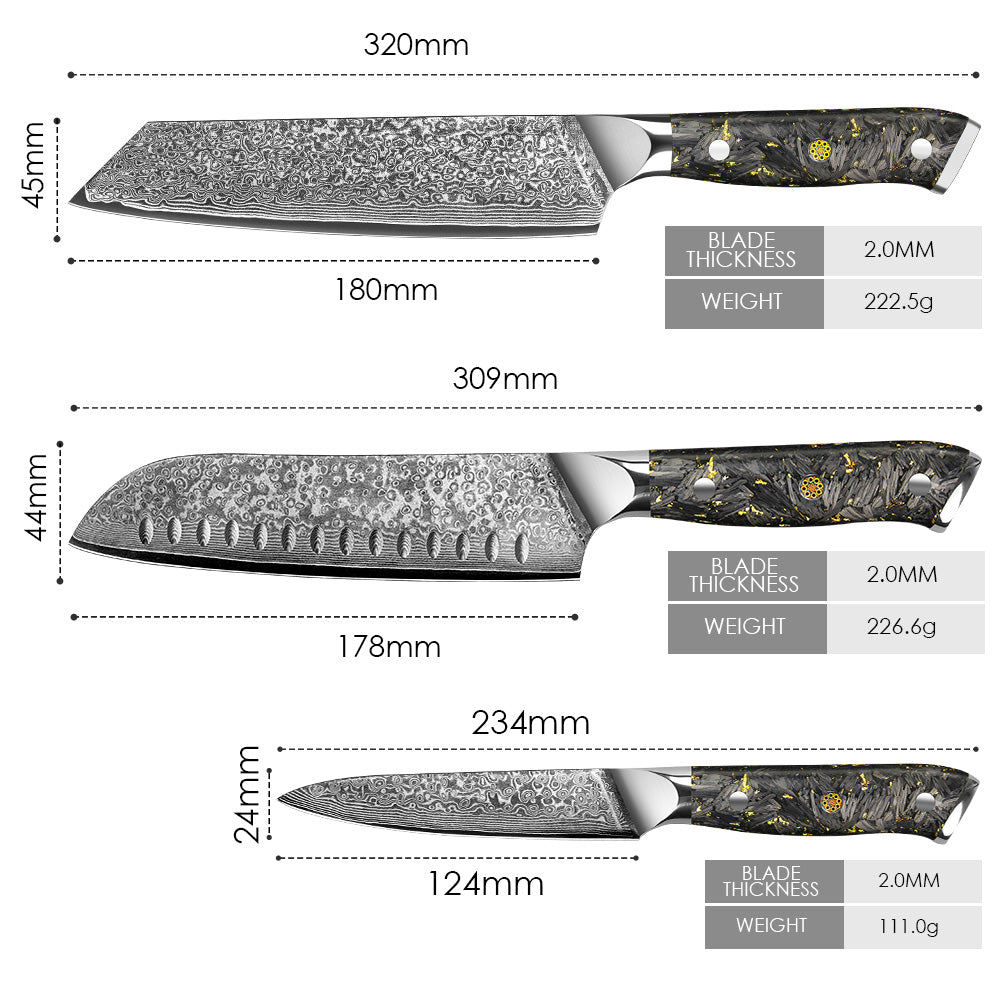 Black Carbon Gold Series-Ox Knife+Santoku Knife+Multipurpose Knife