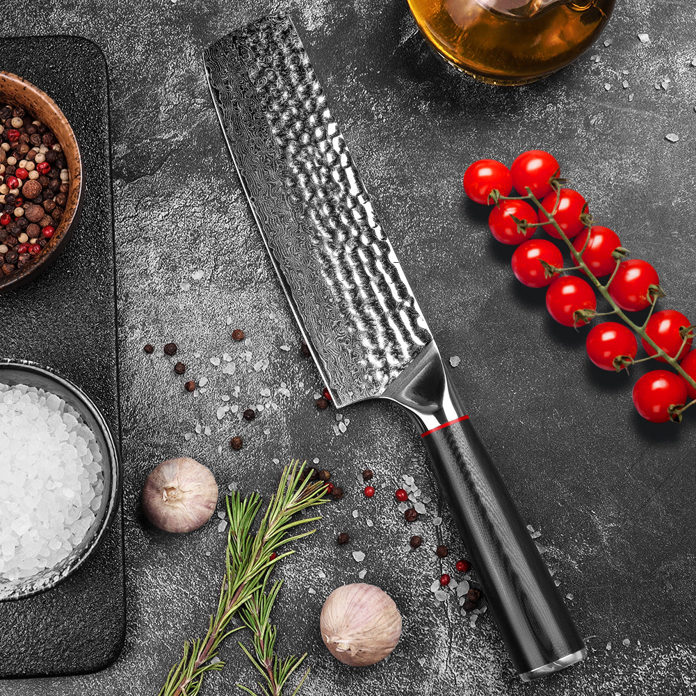 Hand-forged Damascus steel hammered kitchen knife with black wavy handle - Japanese style vegetable cutter