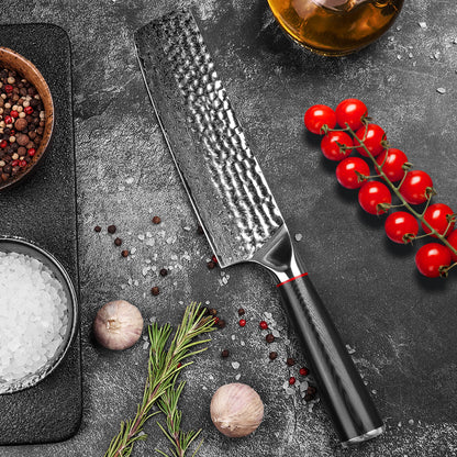 Hand-forged Damascus steel hammered kitchen knife with black wavy handle - Japanese style vegetable cutter