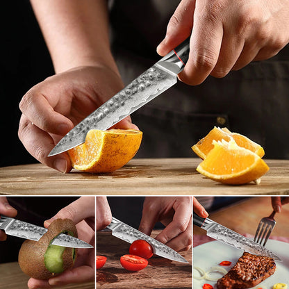 Hand-forged Damascus steel hammered kitchen knife with black wavy handle - multi-purpose knife